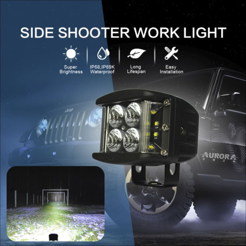 Aurora 4 Inch Side Shooter Kit plus Mounts for Jeep Wrangler JK - Bundle